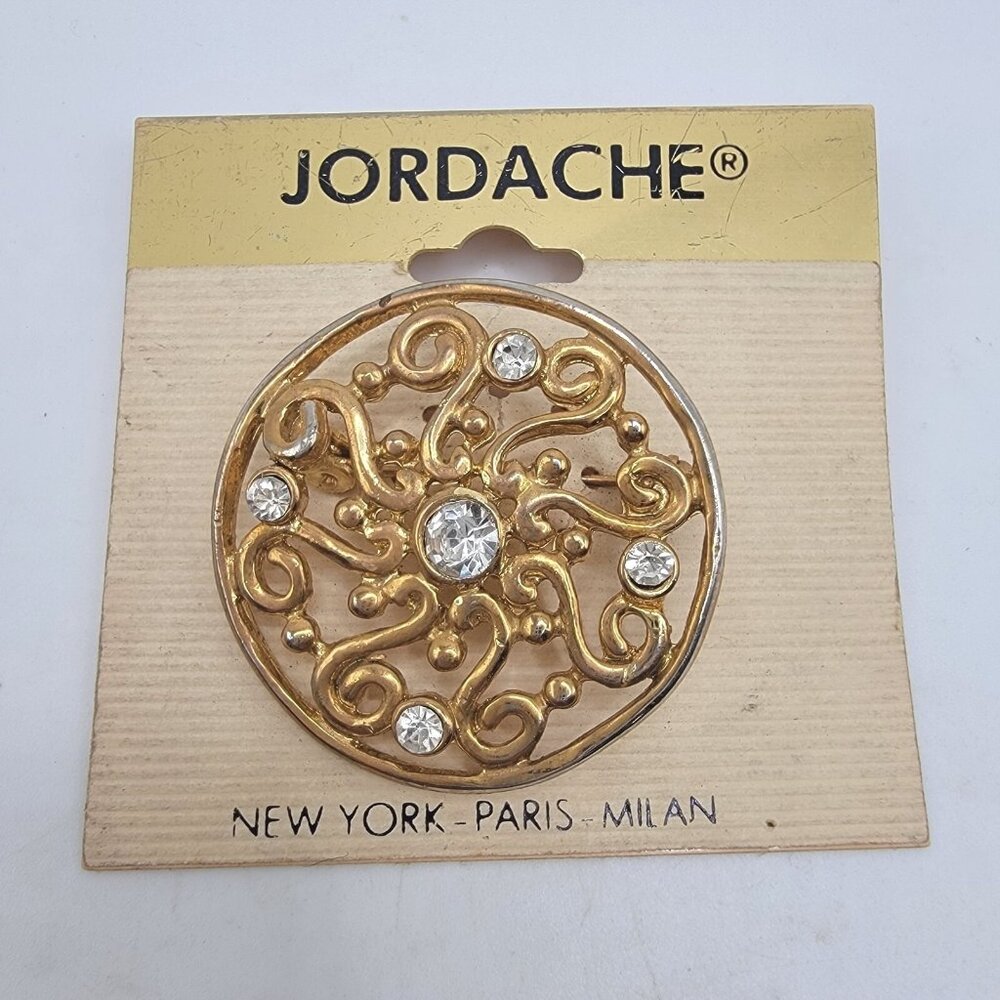 Jordache Brooch Gold Tone Rhinestones Round Pin New